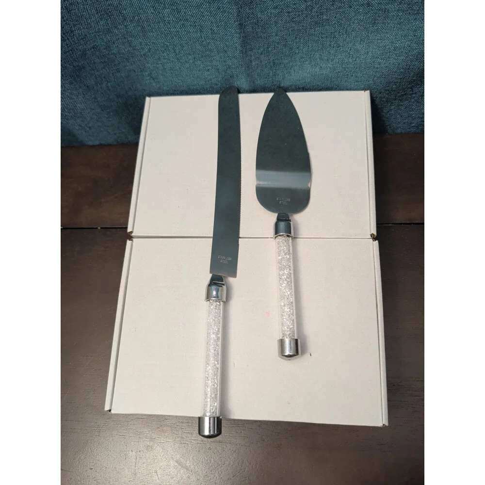 Mr & Mrs Wedding Cake Server Knife Set | Crystal Filled Bling Handle Stainless